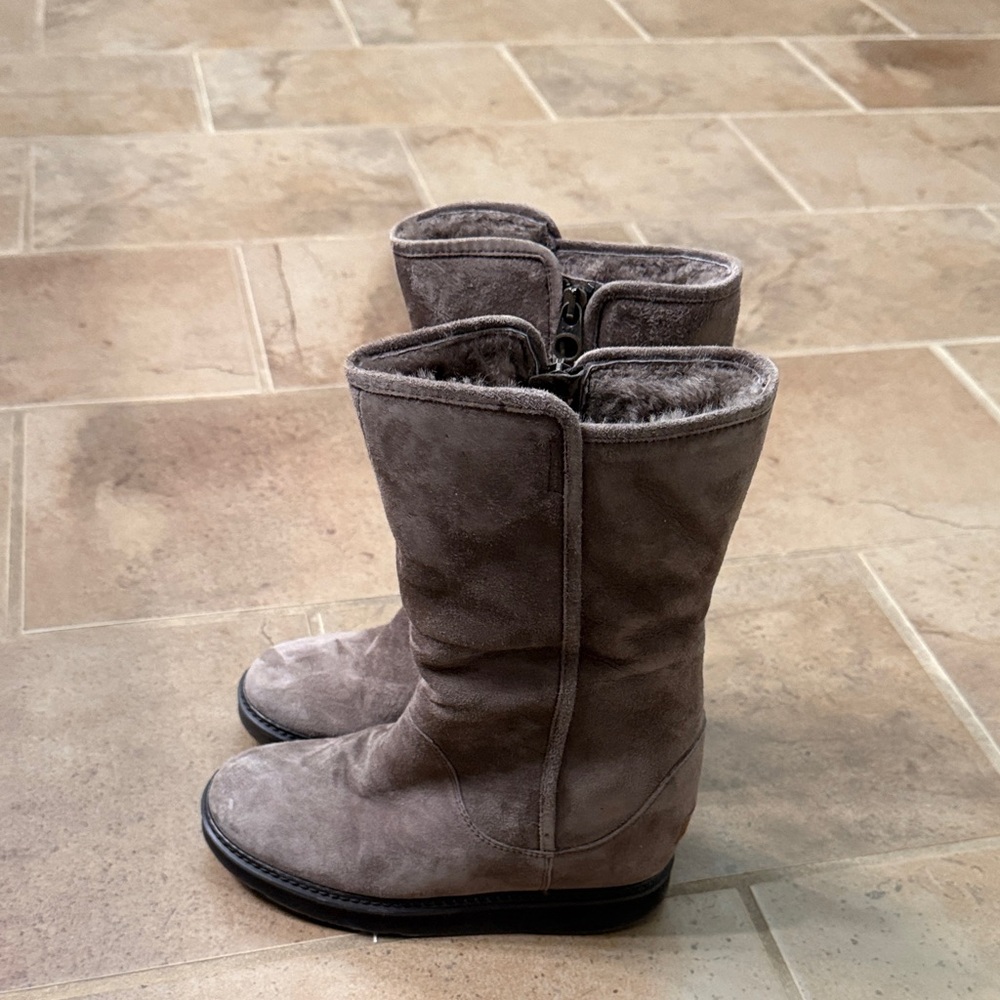 UGG Gray Suede Mid-Calf Shearling-Lined Boots
